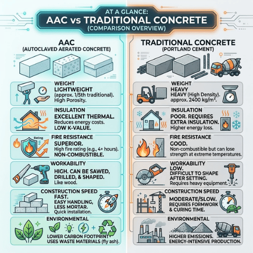 At a Glance AAC vs Traditional Concrete (Comparison Overview)