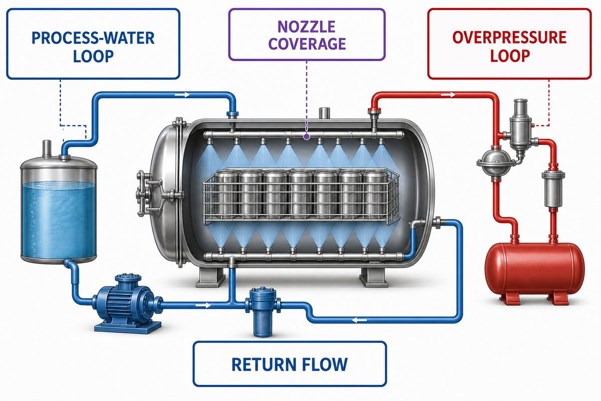 Water-Spray Retorts: Coverage and Pressure Are Separate Jobs