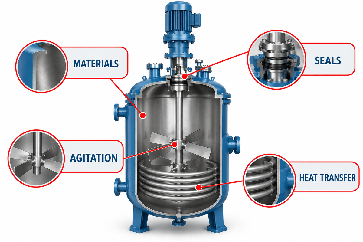 Materials, seals, agitation and heat transfer shown as a coupled reactor system.
