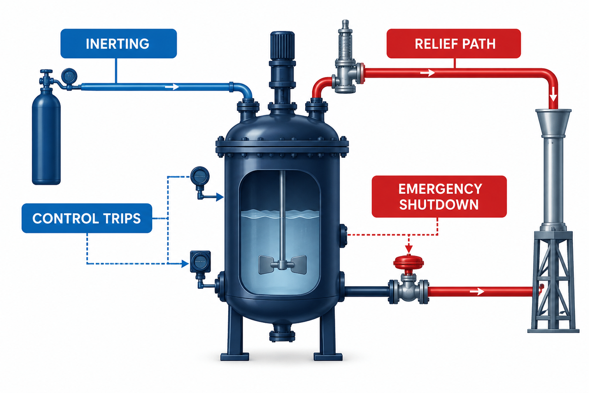 Relief, inerting, controls and emergency shutdown layers for a reactor autoclave.