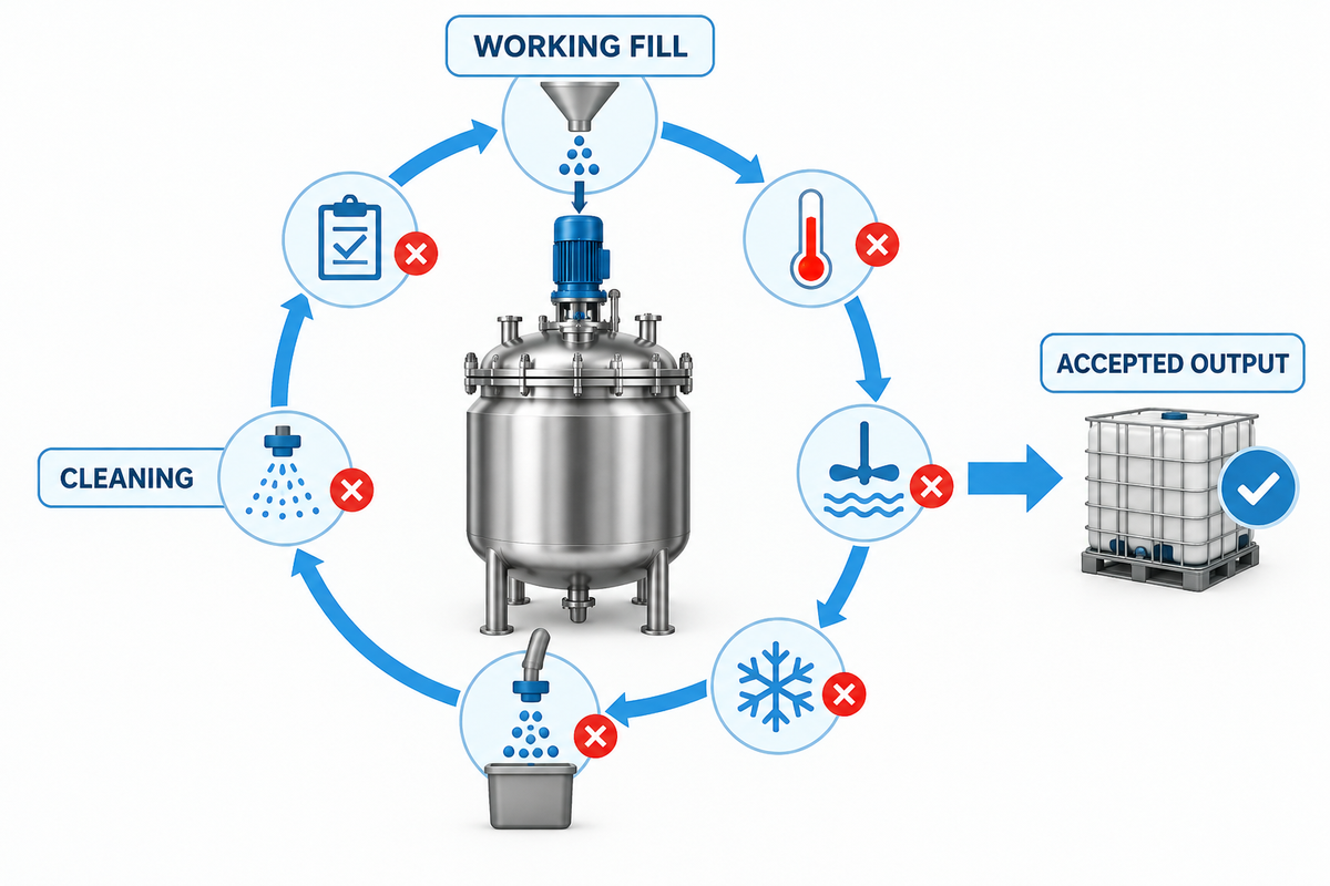 Usable reactor throughput based on batch cycle, working fill, cleaning and acceptance.