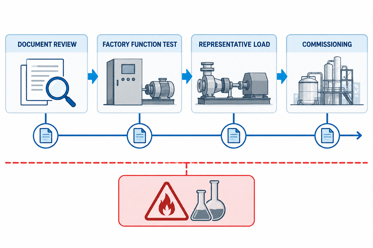 Evidence chain from document review and FAT to representative-load commissioning.