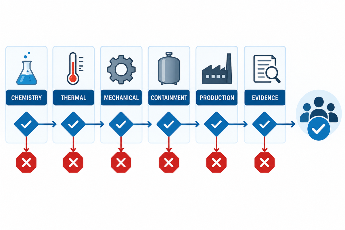 Six-part reaction-envelope gate used before supplier shortlisting.