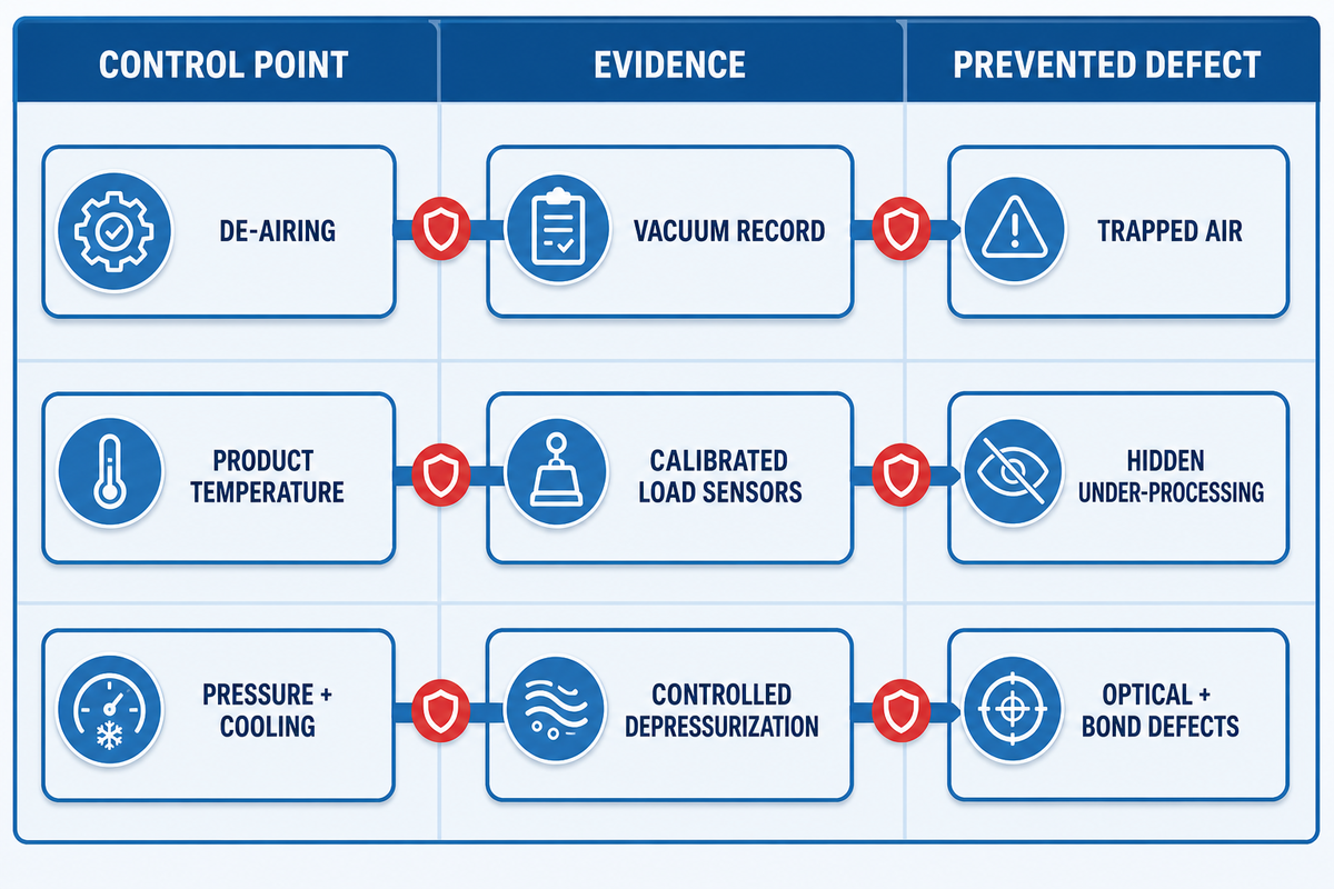 Glass autoclave control evidence links de-airing, load temperature, pressure and cooling to defect prevention.