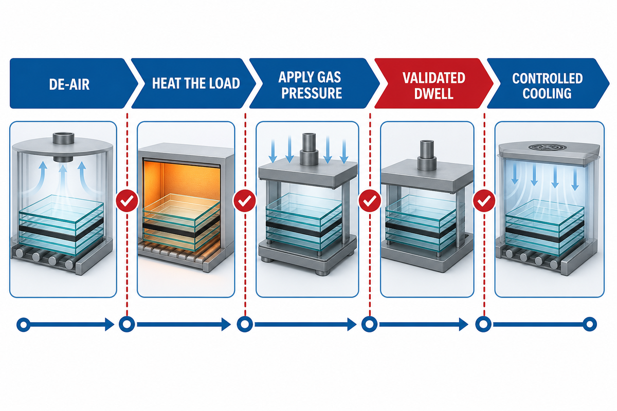 Laminated glass autoclave cycle links de-airing, load heating, gas pressure, validated dwell and controlled cooling.