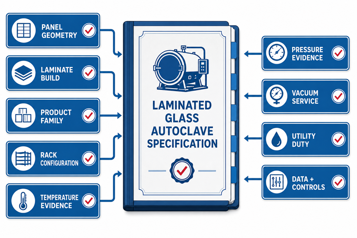 Nine laminated glass autoclave specification inputs cover product, load, evidence, utilities, vacuum and controls.