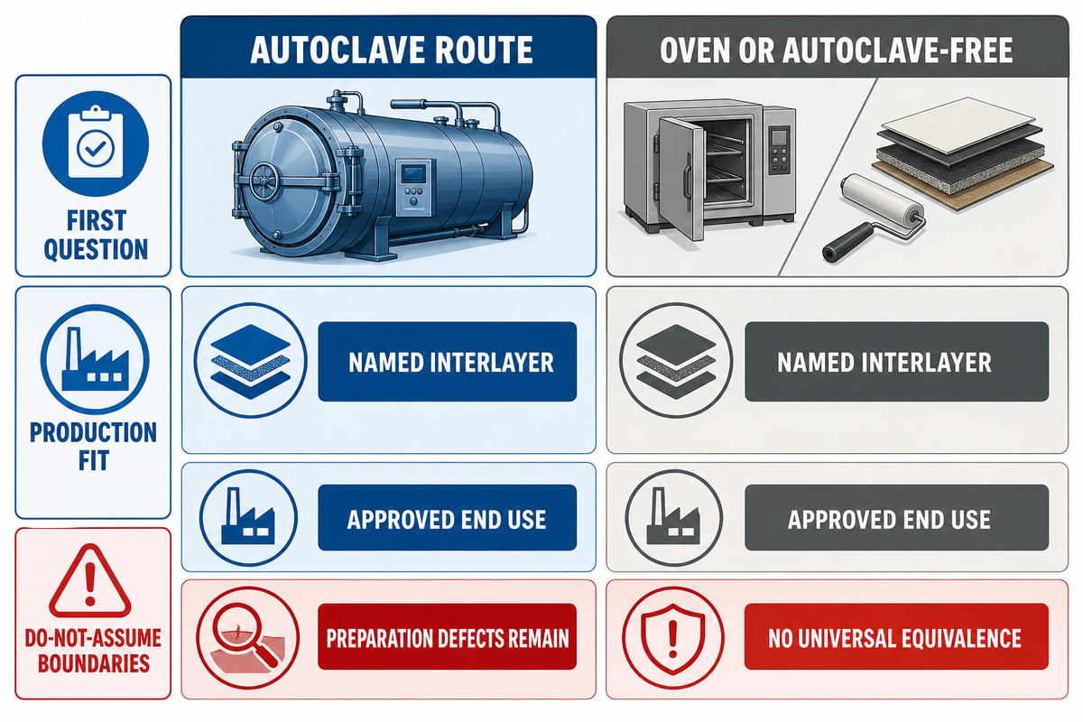 PVB autoclave and EVA or autoclave-free routes must match the approved interlayer, construction and end use.