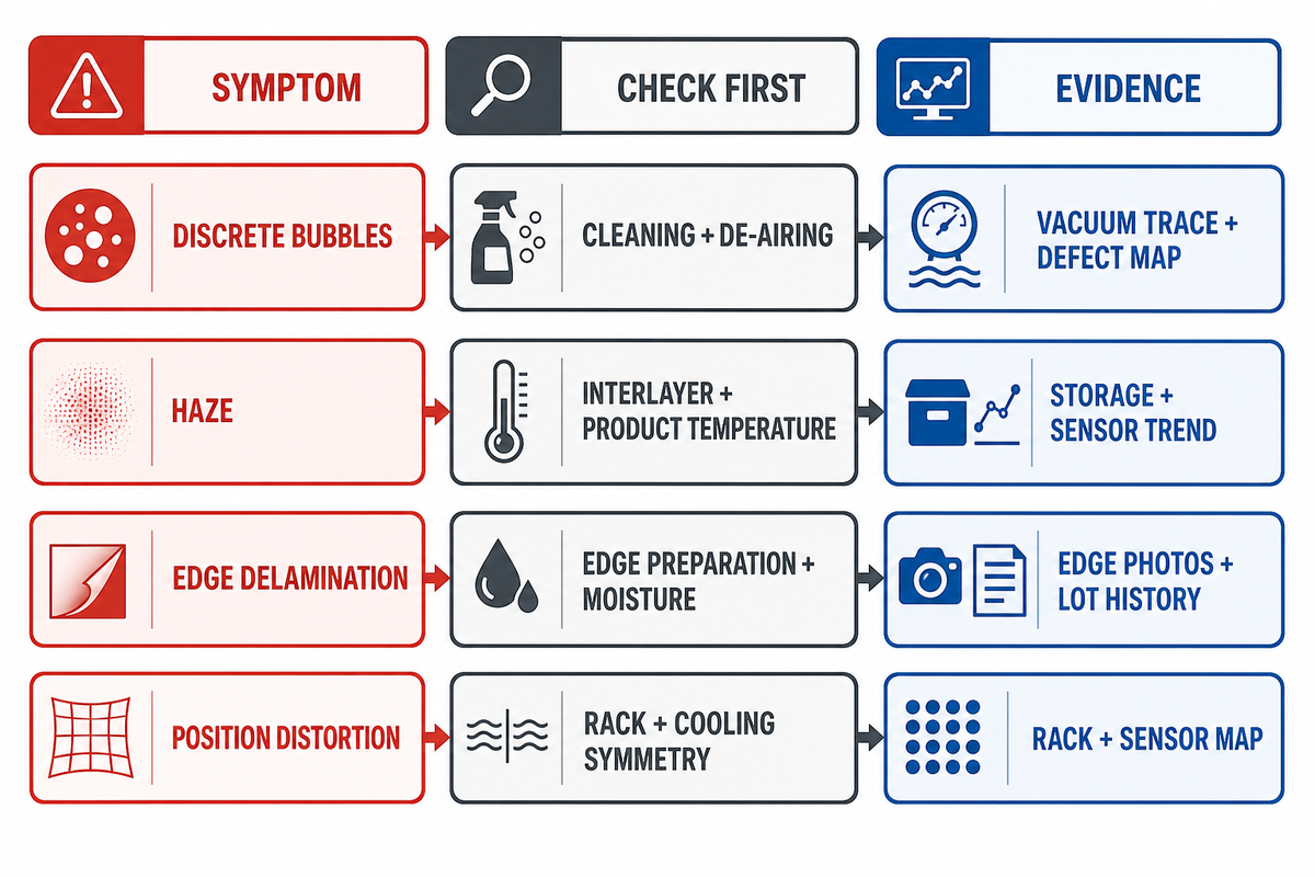 Glass-lamination defect matrix links bubbles, haze, delamination and distortion to checks and evidence.