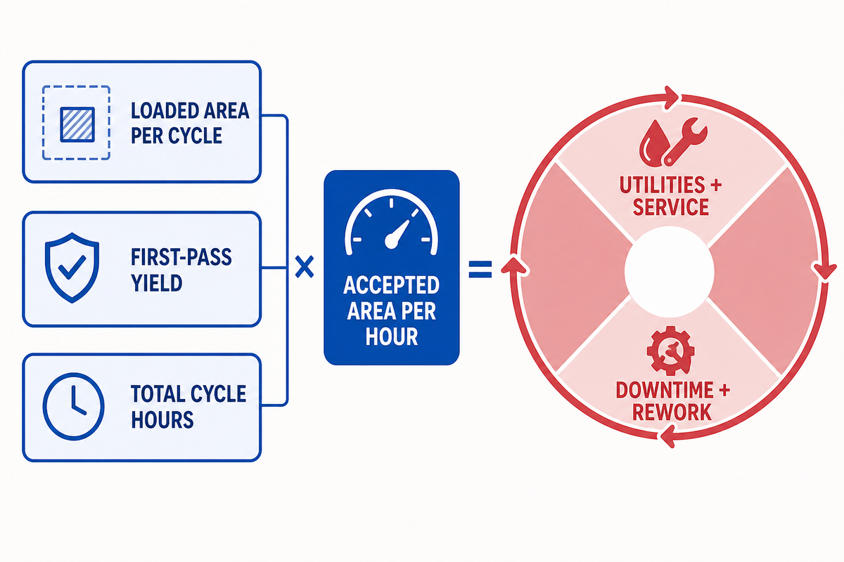 Accepted glass output per hour combines loaded area per cycle, first-pass yield and total cycle hours.
