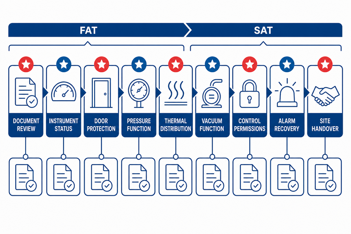 Glass-specific FAT and SAT retain documents, calibration, safety, pressure, thermal, vacuum, control and handover records.