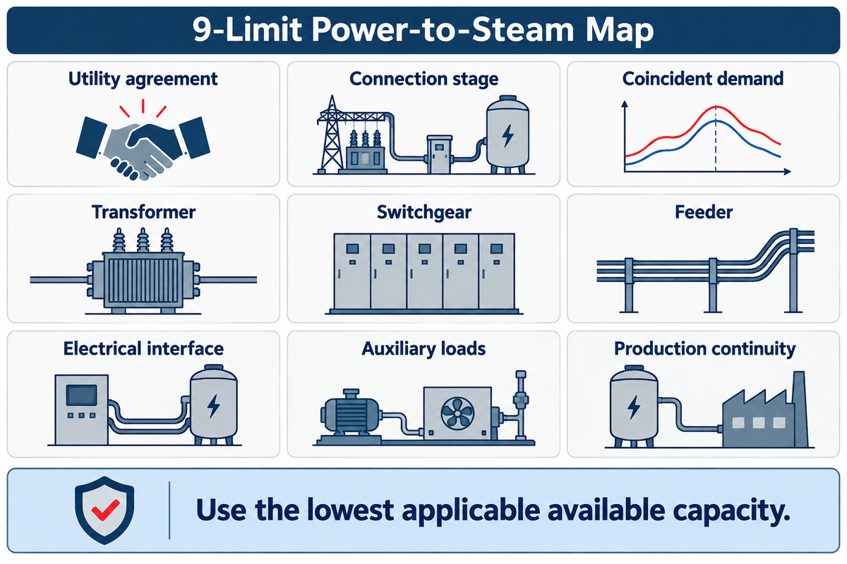 Usable boiler power is constrained by the weakest applicable supply limit.