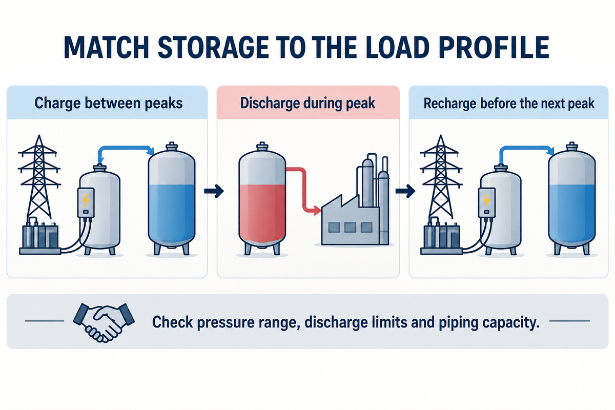 A steam accumulator covers short peaks only with sufficient storage and peak-to-peak recharge.