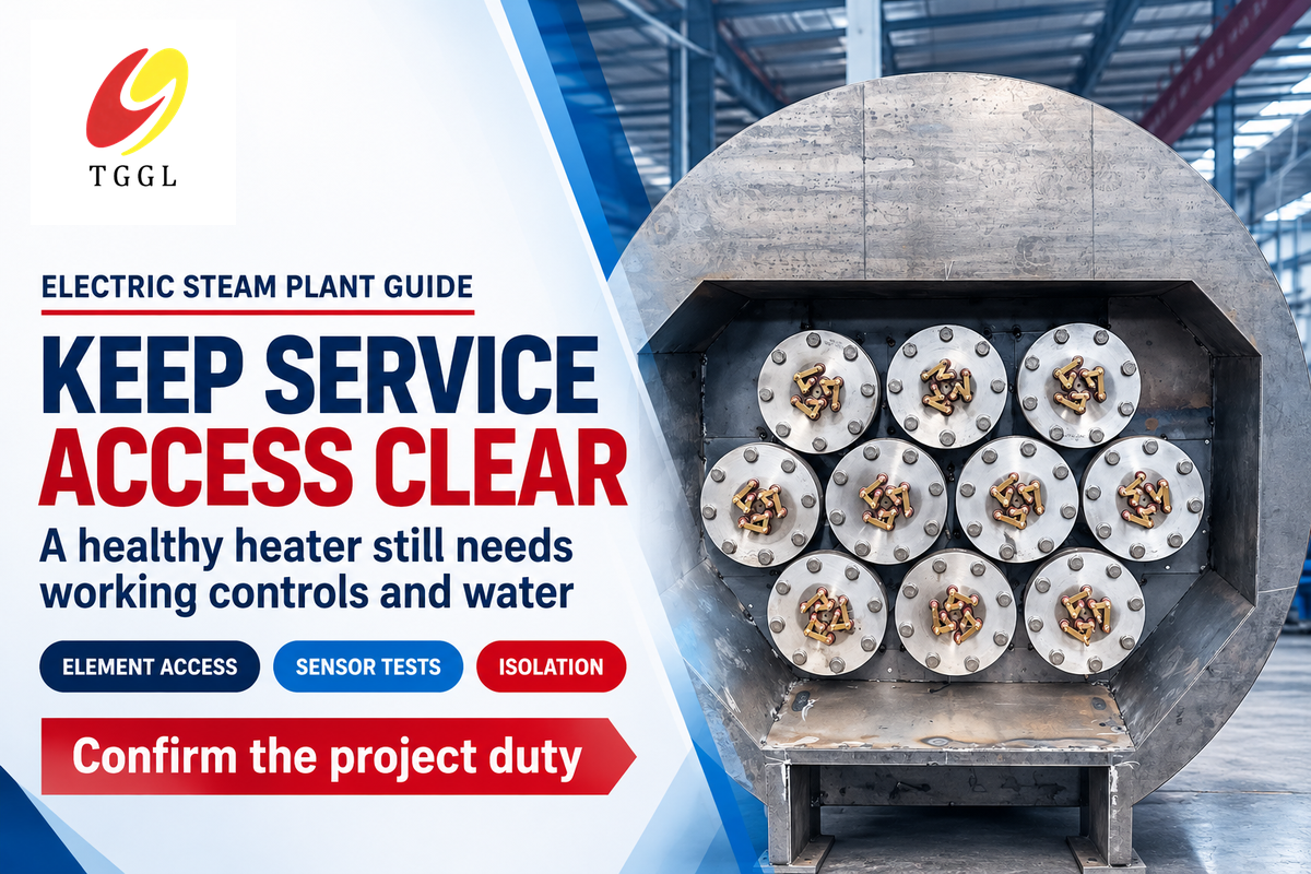 Maintenance planning must preserve access to heating elements and include sensors, water treatment and safe isolation.