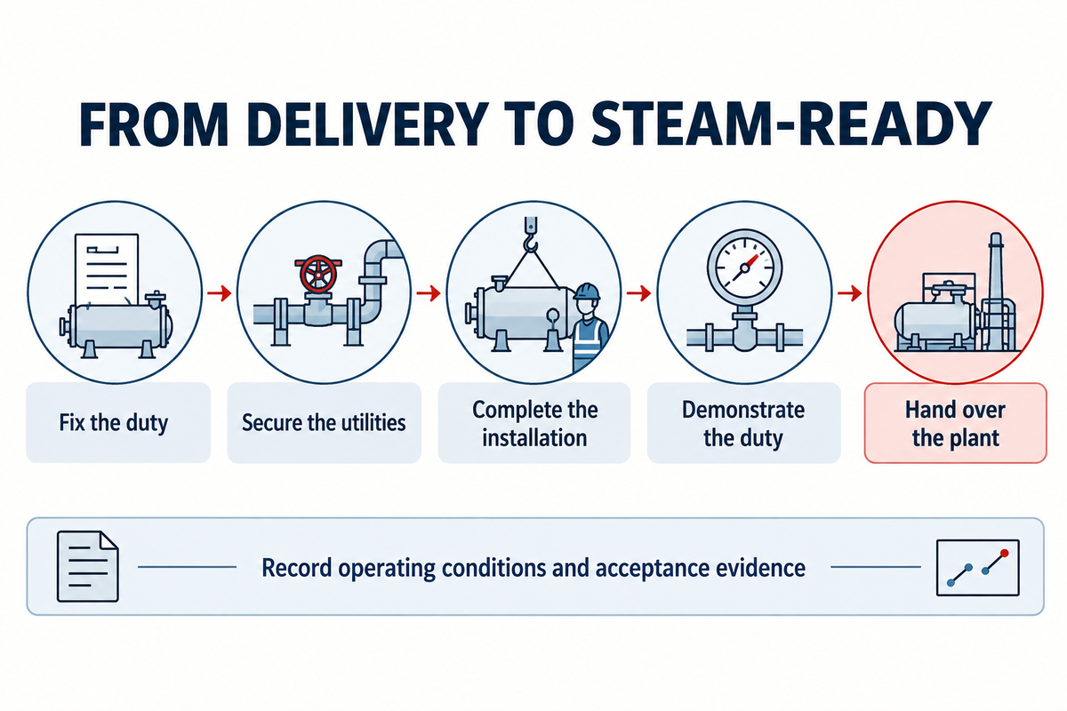 Steam-ready status follows completed interfaces and demonstrated duty, not shipment alone.