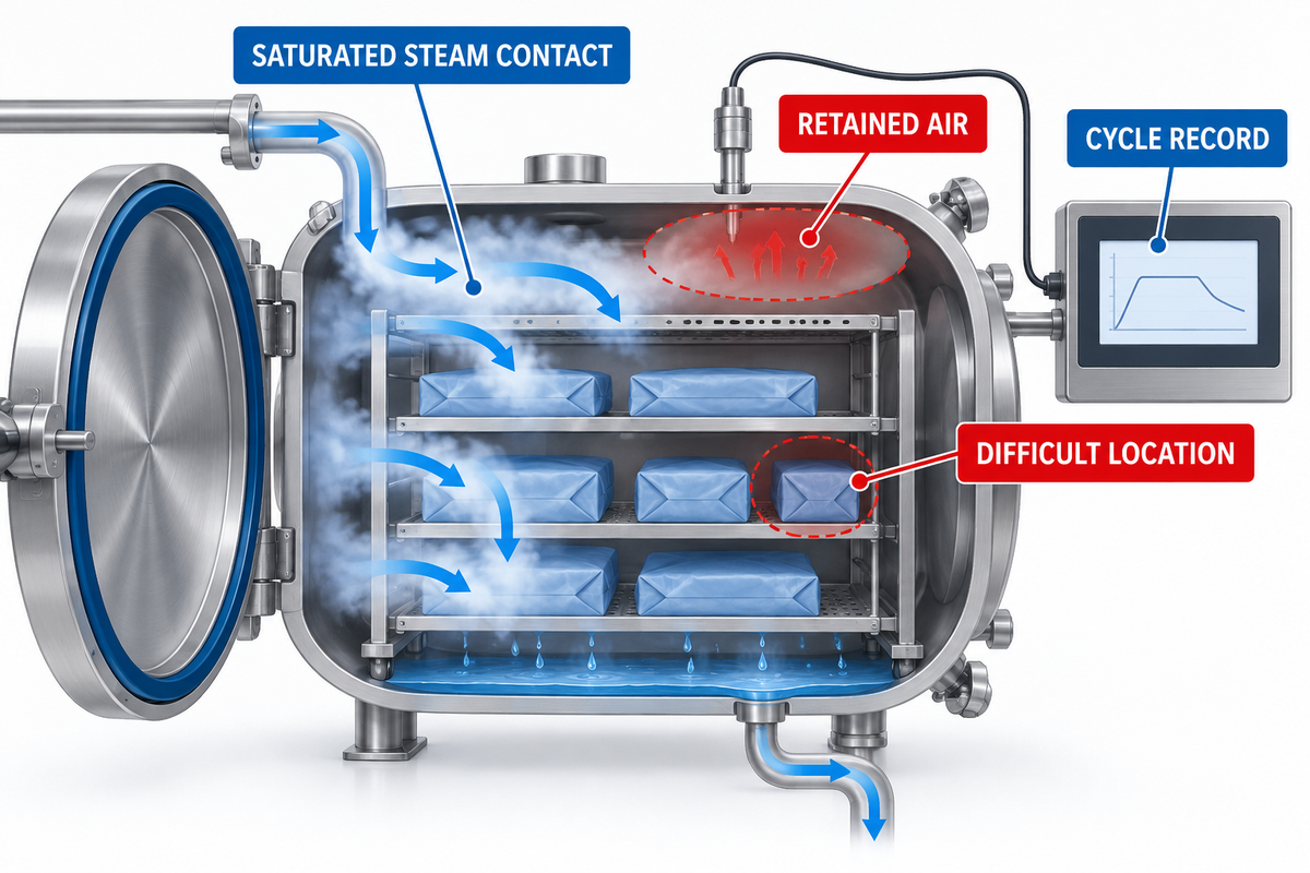 Steam contact and retained-air risks inside a pharmaceutical autoclave load.