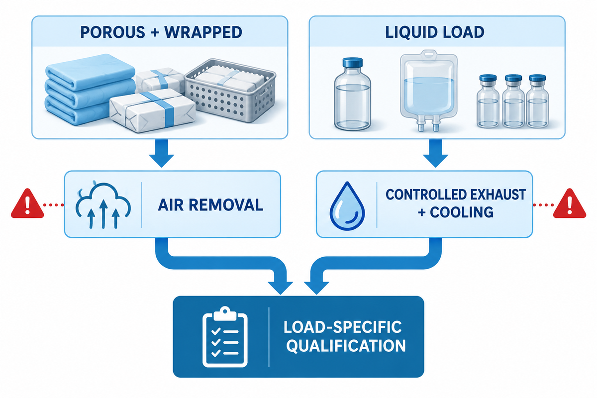 Load-specific cycle considerations for porous wrapped goods and liquid pharmaceutical autoclave loads.