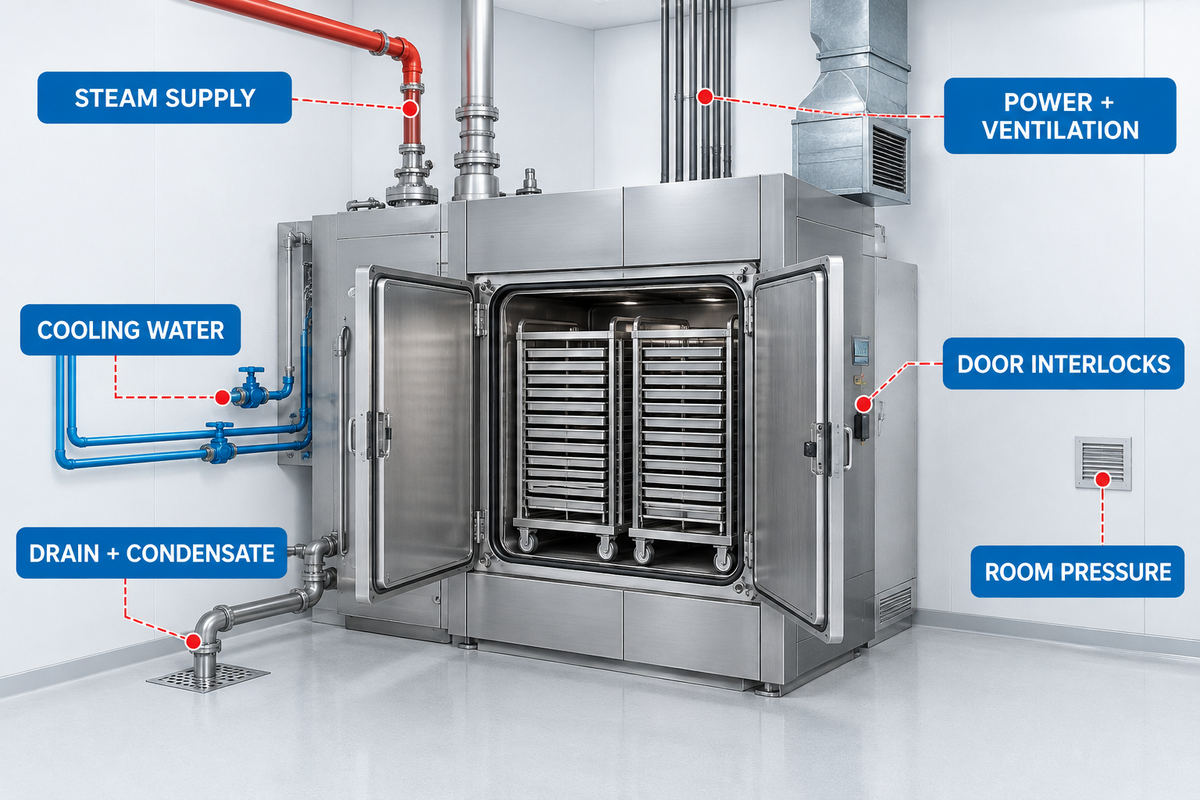 Pharmaceutical autoclave utilities and room interface map.