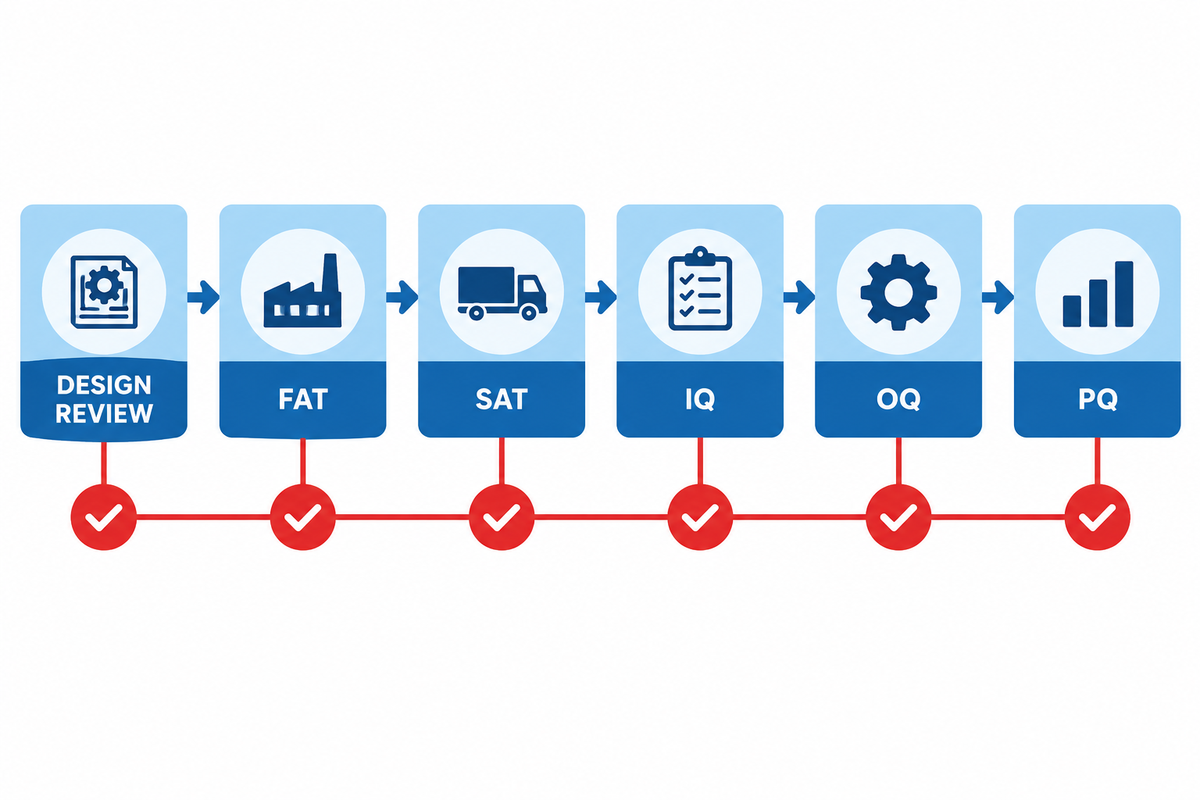 Pharmaceutical autoclave traceability chain from design review through FAT, SAT, IQ, OQ, and PQ.