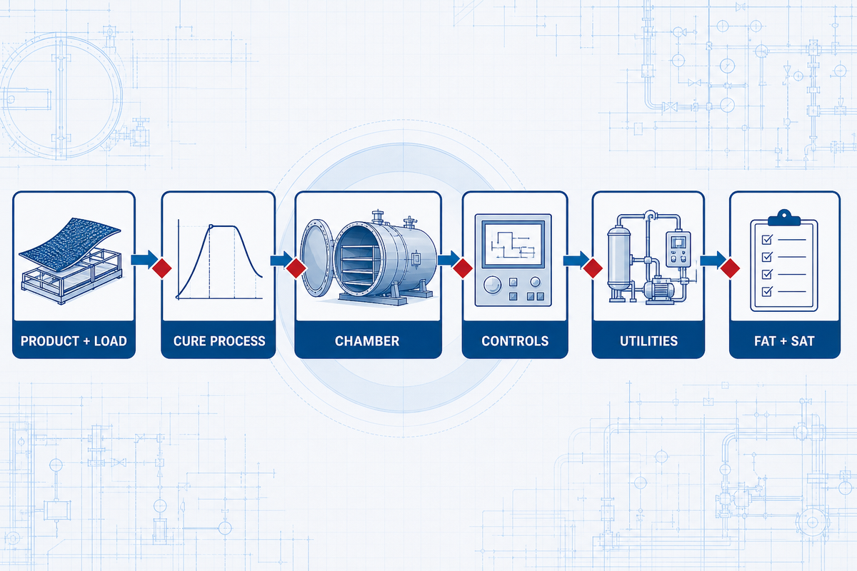Six-stage rubber autoclave specification path from product data through FAT and SAT.