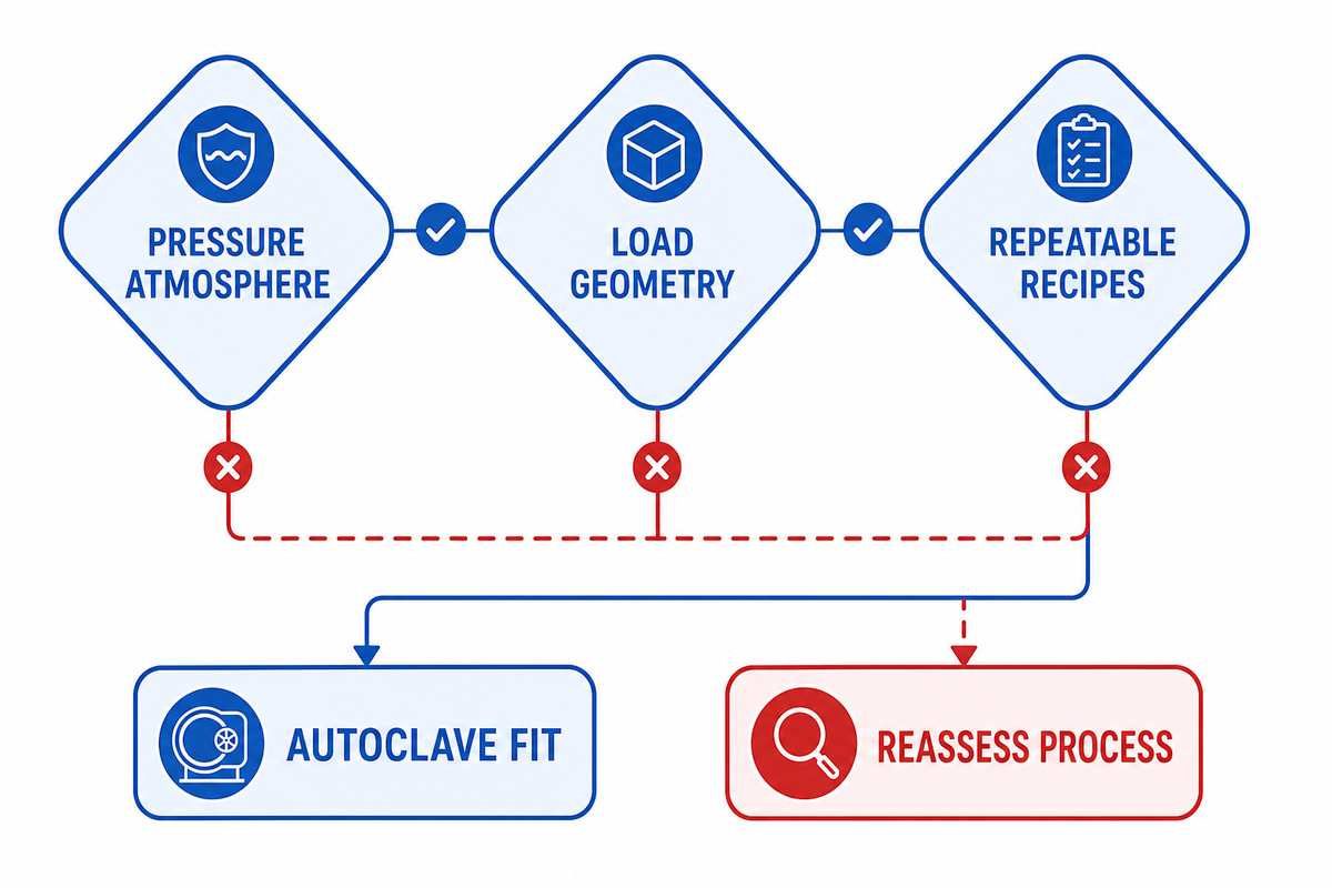 Decision tree for choosing a rubber vulcanization autoclave based on atmosphere, load geometry, and repeatability.