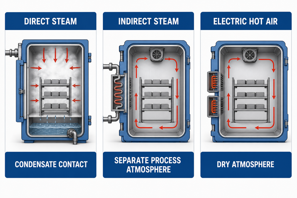 Comparison of direct steam, indirect steam heating, and electric hot air for rubber autoclave curing.