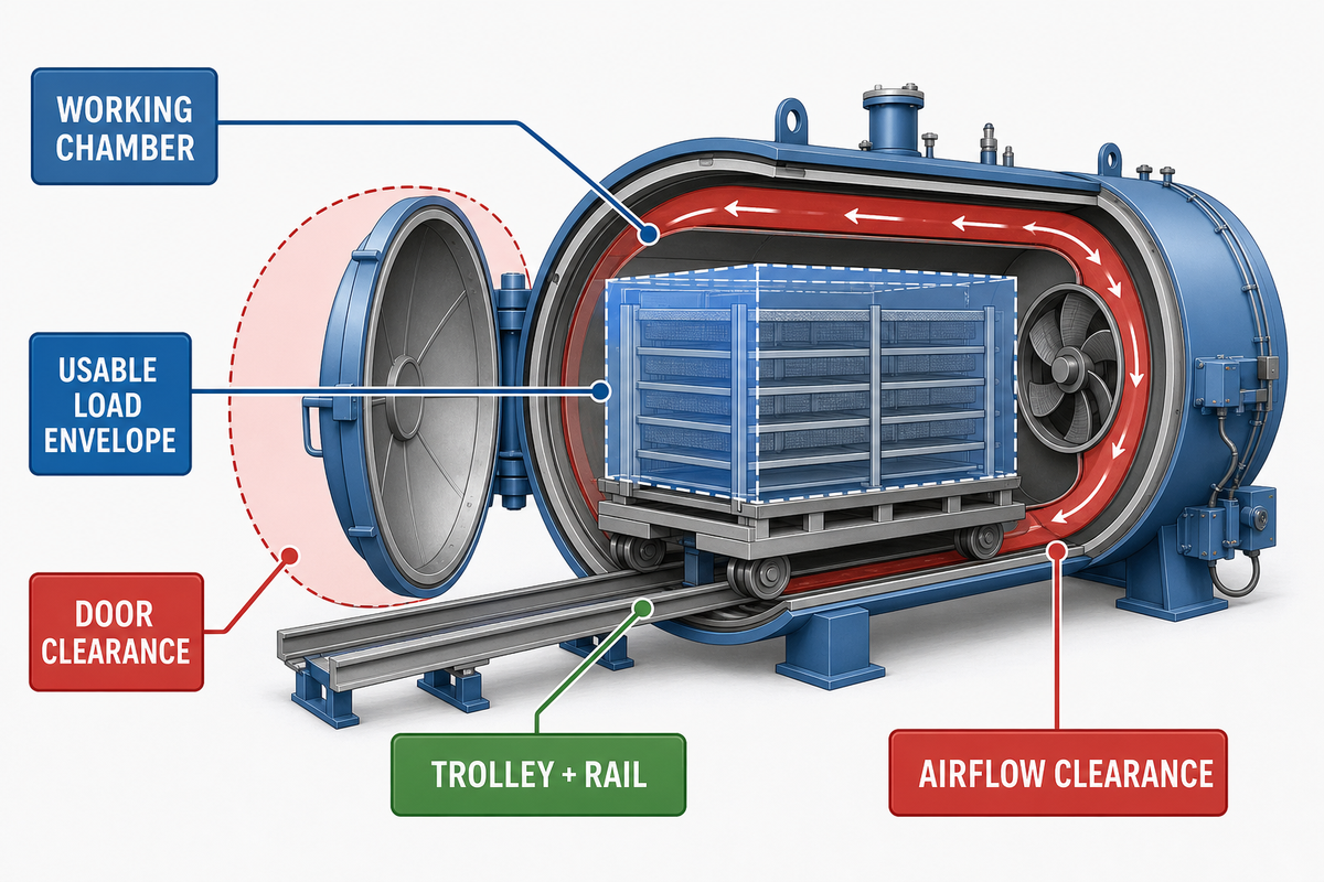 Autoclave cutaway distinguishes chamber size, trolley, door clearance, airflow, and usable load envelope.