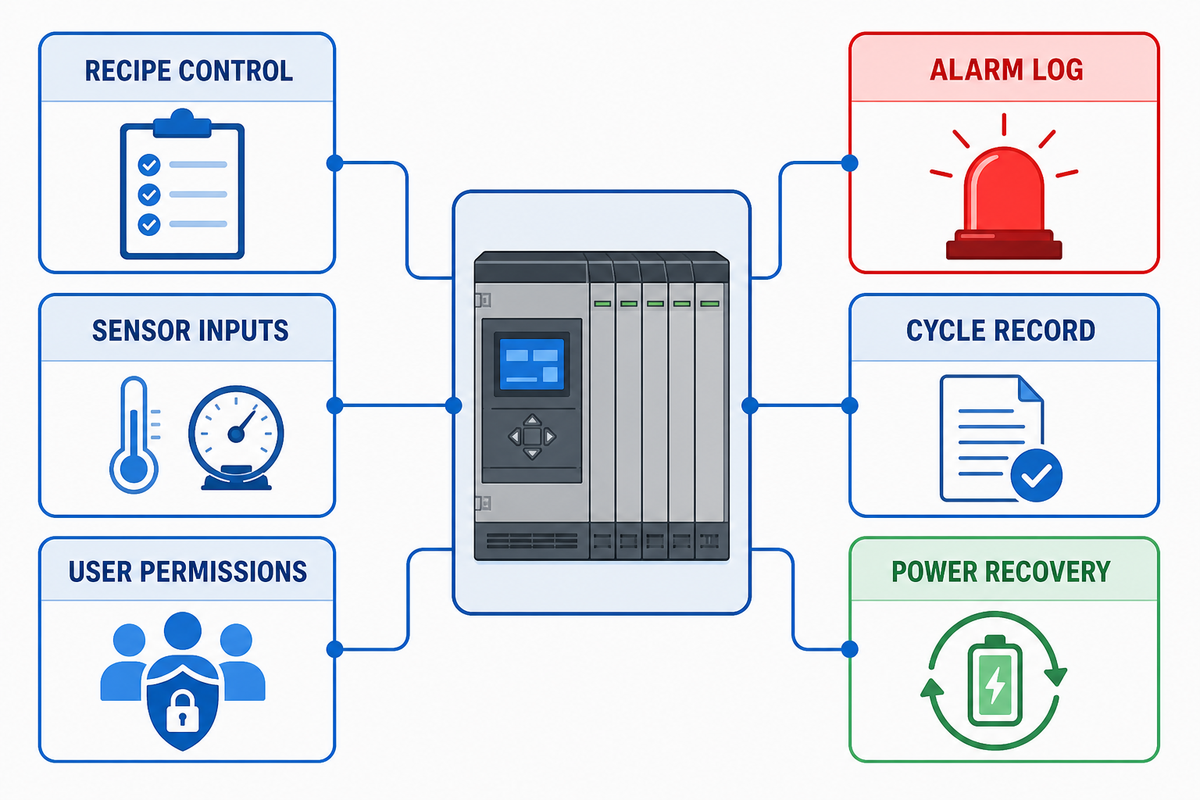 Rubber autoclave control architecture links recipes, sensors, permissions, alarms, records, and recovery.