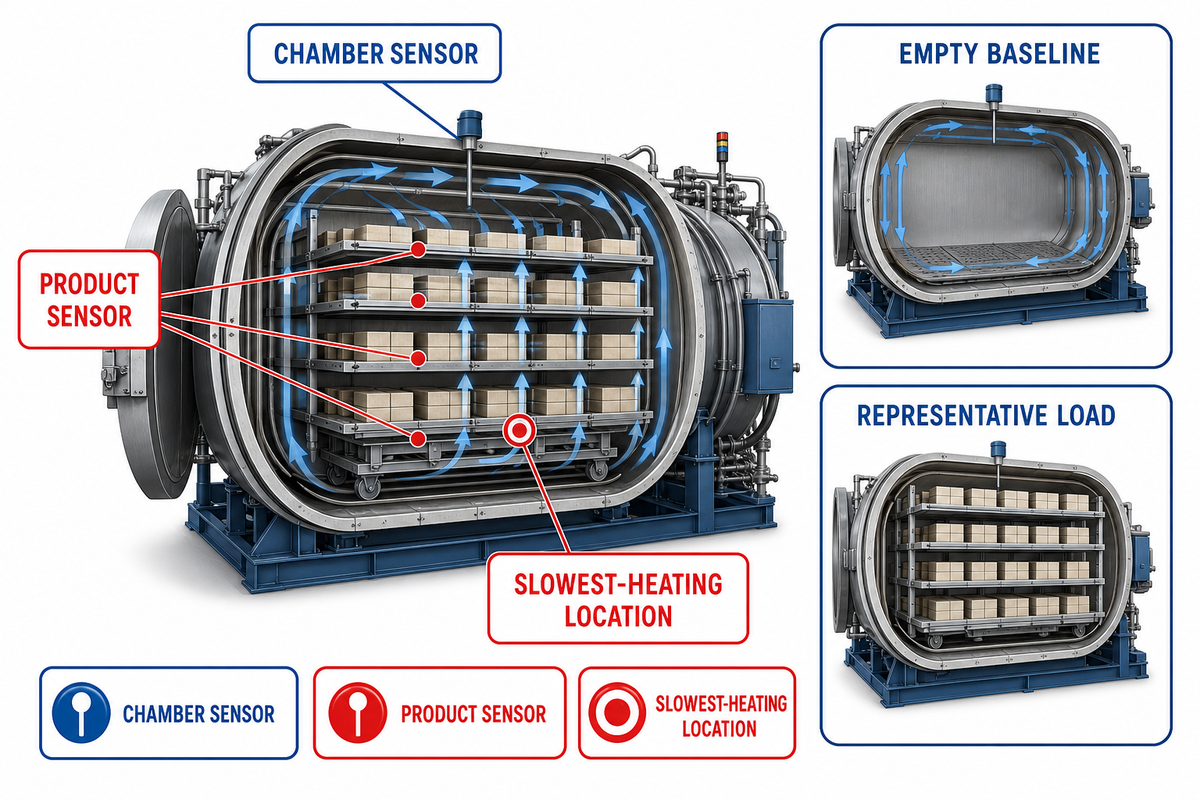 Representative-load temperature mapping identifies chamber and product sensors plus the slowest-heating location.