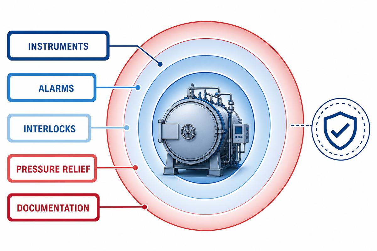 Autoclave safety layers include instruments, alarms, interlocks, relief, and documented examination.