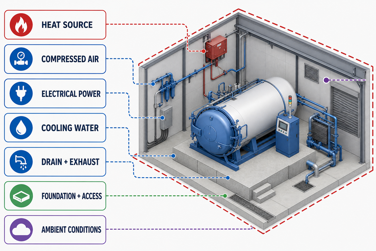 Rubber autoclave site plan maps heat, air, power, water, drain, exhaust, foundation, access, and ambient conditions.