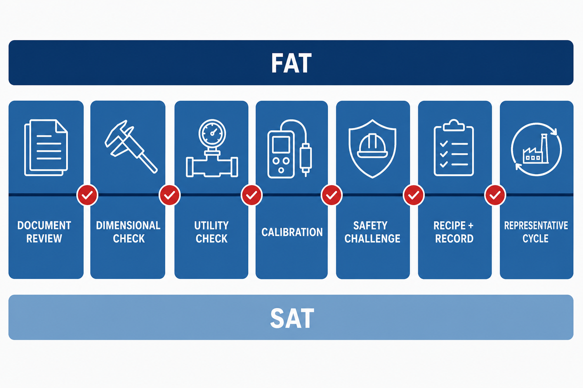 FAT and SAT sequence covers documents, utilities, calibration, safety, recipes, records, and representative cycles.