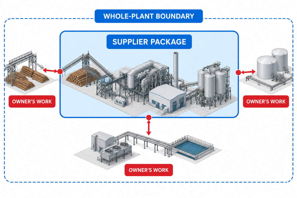 Supplier package and owner interfaces in a timber treatment plant boundary map.
