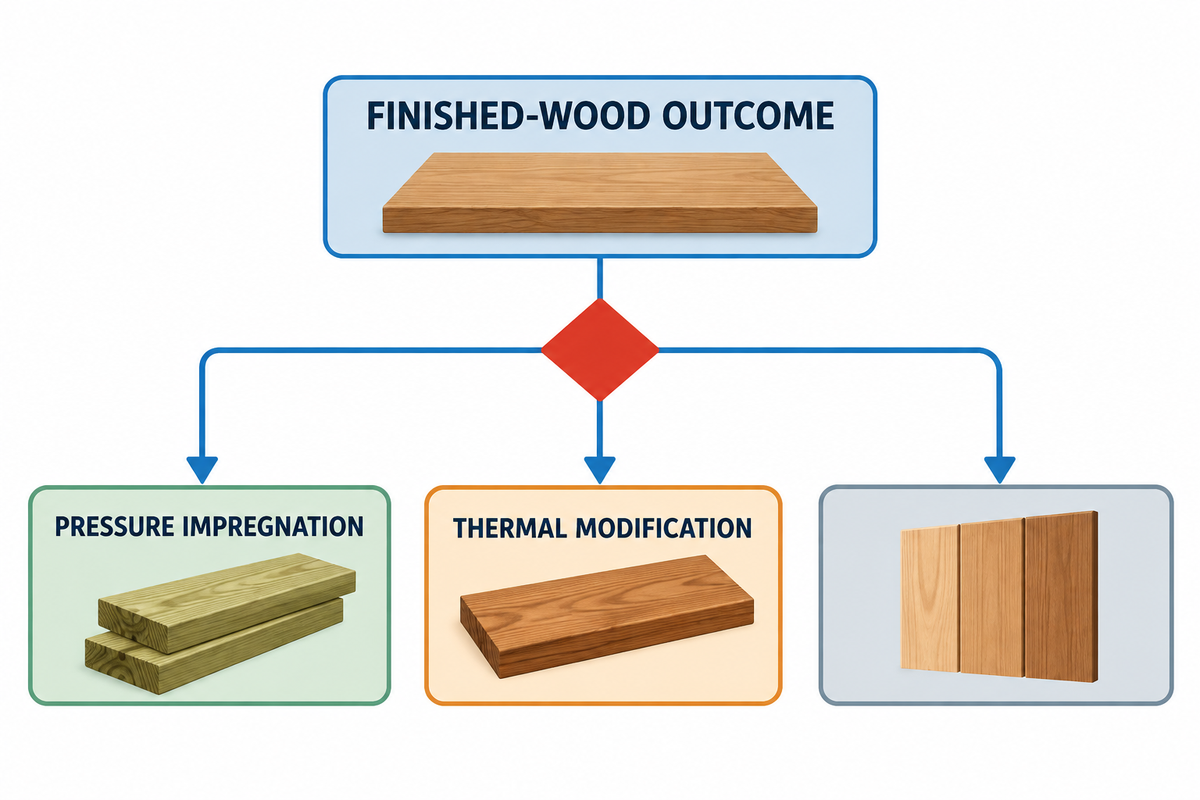Timber treatment route selection based on finished-wood outcome and specification.