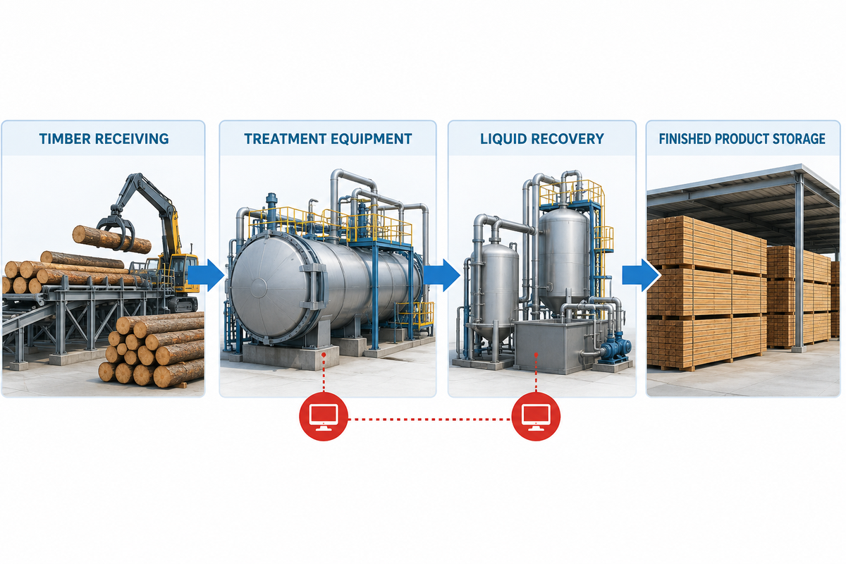 Connected modules and interfaces in a complete timber treatment plant.