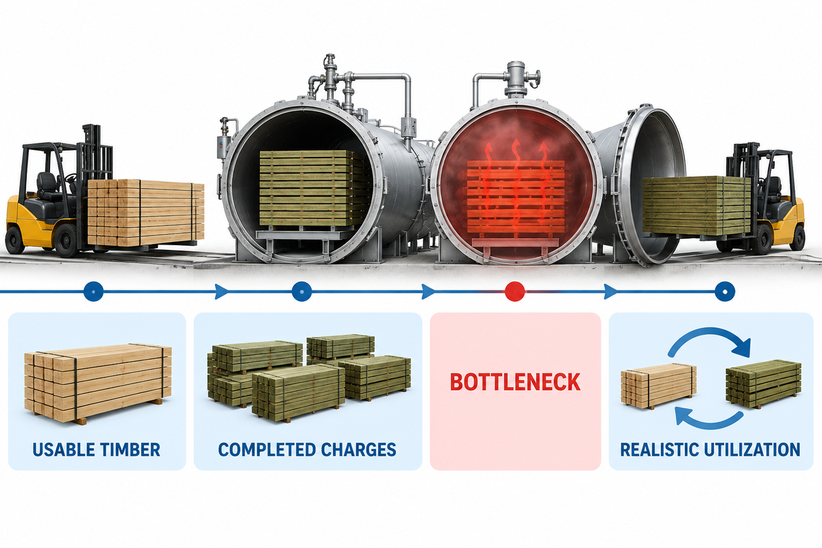 Throughput bottleneck model for sizing a timber treatment plant.