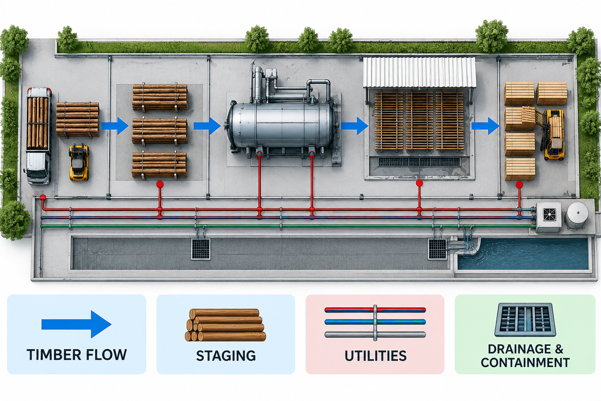 Utilities, layout and material flow for a timber treatment plant.