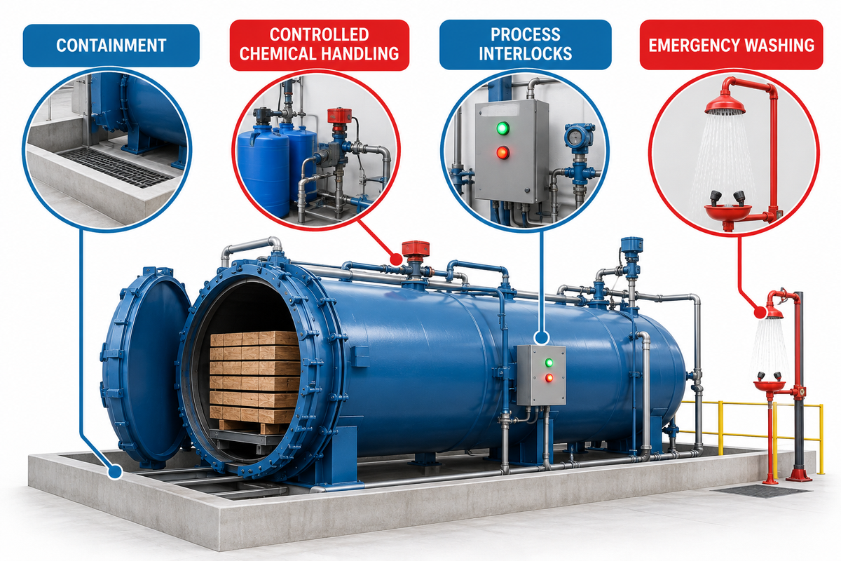 Safety, containment and environmental control layers in a timber treatment plant.