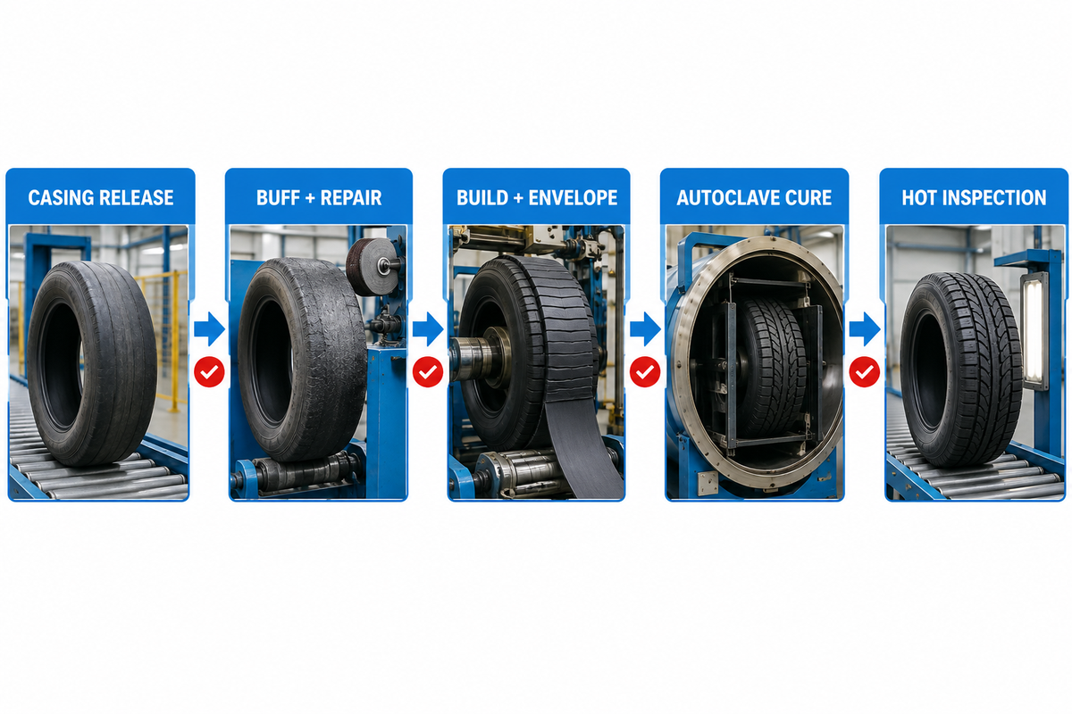 Precure tire retreading route from casing release and repair through building, autoclave cure and hot inspection.
