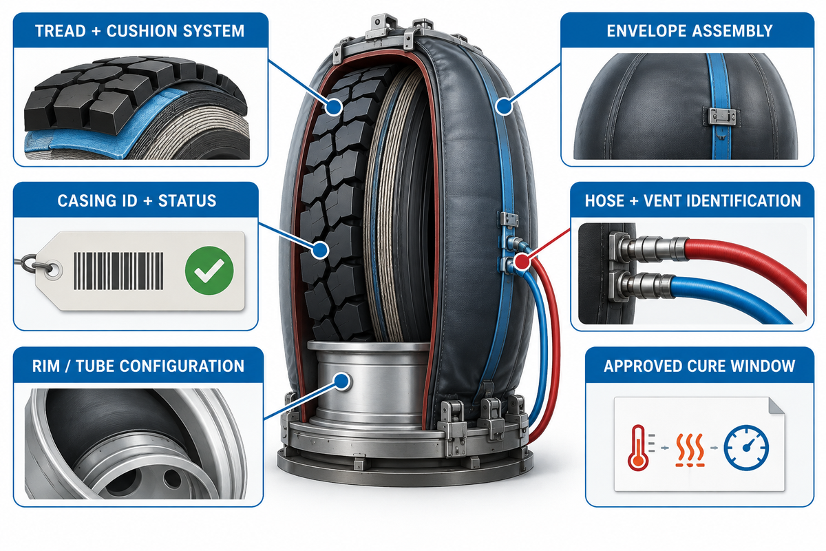Tire retread cure assembly compatibility card covers casing, materials, envelope, rim or tube configuration, connections and approved cure window.