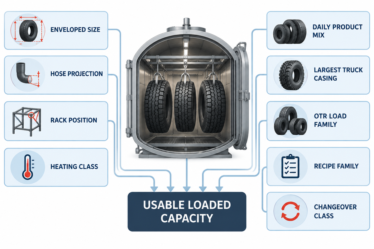 Tire autoclave usable capacity worksheet covers nine load, rack, material, product-mix and changeover inputs.