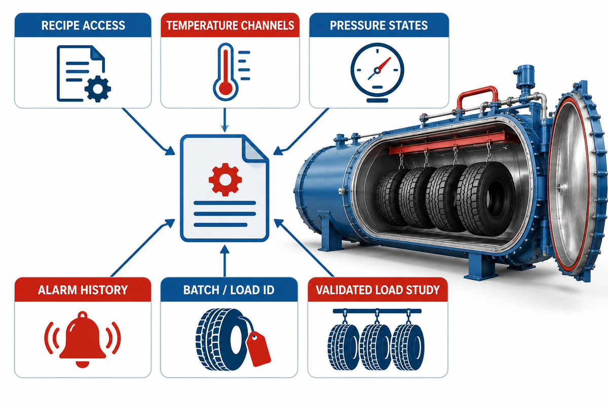 Tire retreading batch cure record links recipe access, temperature, pressure, alarms, load identity and loaded validation.