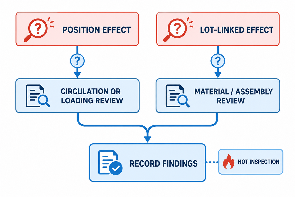 Tire retread defect map uses position and lot patterns to guide circulation, loading, material, assembly and record review.