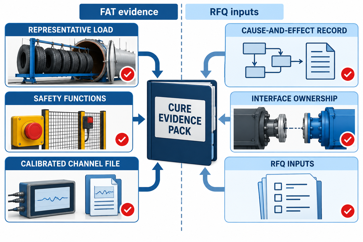 Tire autoclave FAT and RFQ evidence pack covers representative load, safety, calibrated data, cause and effect, interfaces and buyer inputs.