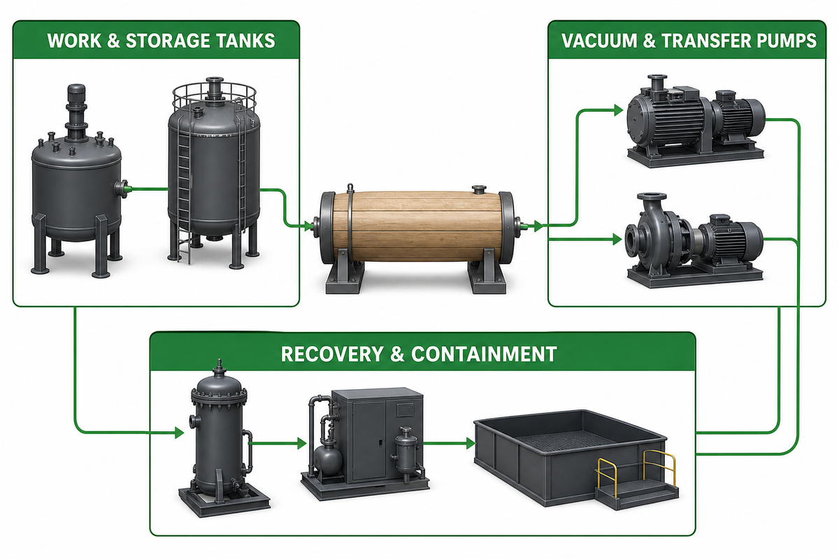 Complete timber treatment system surrounding a wood preservation autoclave.