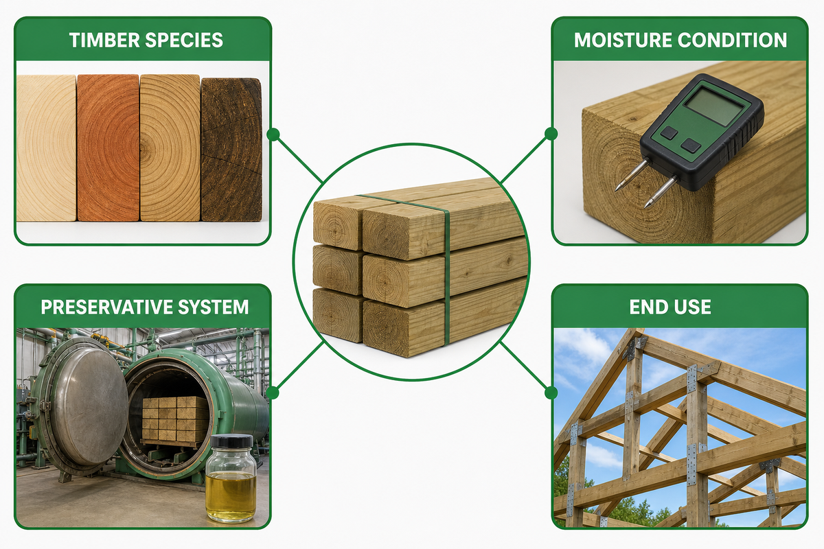 Timber and preservative variables mapped before selecting an autoclave cycle.
