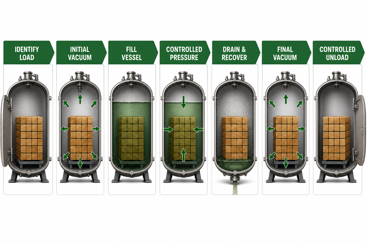 Seven-stage controlled vacuum-pressure timber treatment sequence from load identification to unloading.