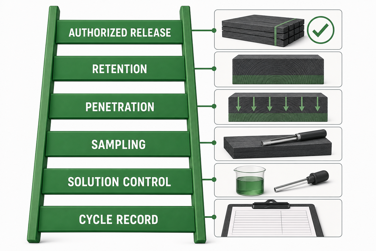 Evidence ladder from autoclave cycle record to authorized treated-wood release.
