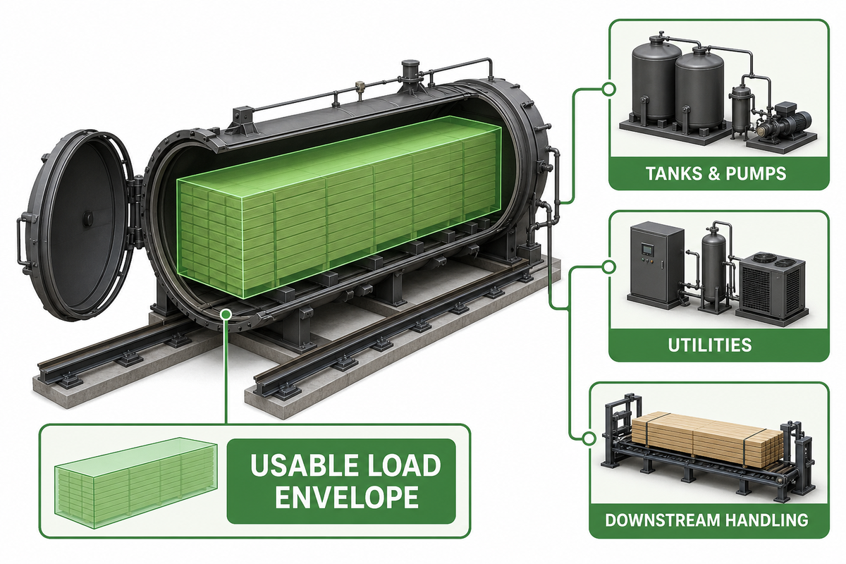 Internal usable timber load envelope separated from whole-plant support systems.